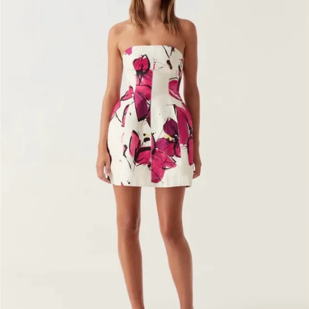 Aje Strapless Dress with Pink Floral Design